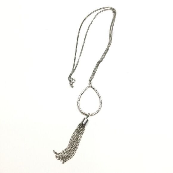 Silver Chain Necklace, Pounded Silver Drop, Tassel - Picture 4 of 9